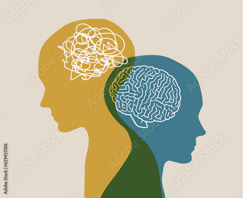 Metaphor bipolar disorder mind. Double face. Concept of mental health. Human head silhouette with brain inside, mind, illness, psychological. Dual personality. Tangle and untangle. Split personality