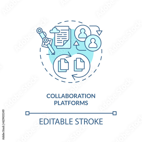 2D editable collaboration platforms thin line blue icon concept, isolated vector, monochromatic illustration representing knowledge management.