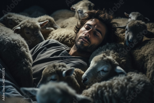 Man tries to sleep and counting sheep in the bed 