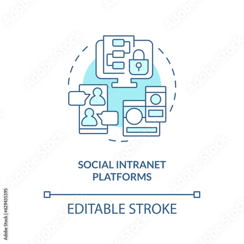 2D editable social intranet platforms thin line blue icon concept, isolated vector, monochromatic illustration representing knowledge management.