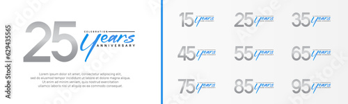 set of anniversary logo silver color number and blue text on white background for celebration