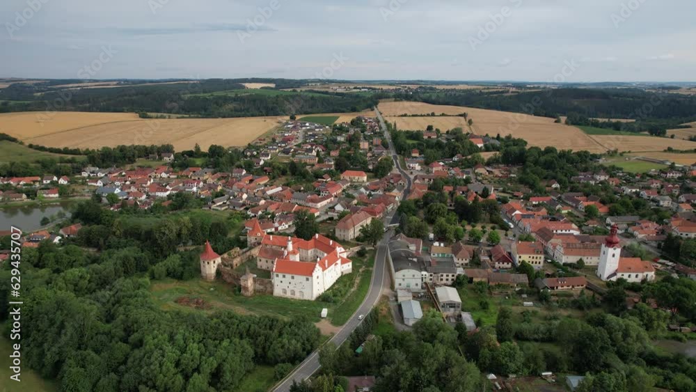 Cervena Recice castle and town with old city square aerial panorama view, czech cityscape,vysocina Region,Czechia,Europe Cervena Recice castle and town with old city square aerial panorama view, czech cityscape,vysocina Region,Czechia,Europe