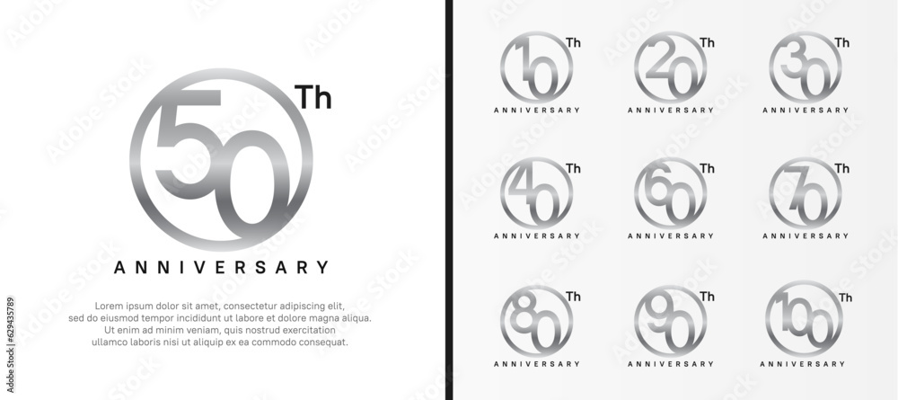 set of anniversary logo silver color number in circle and black text on white background for celebration