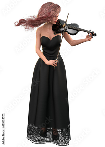 3D Woman in black dress play violin