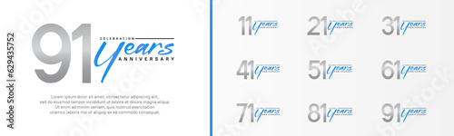 set of anniversary logo silver color number and blue text on white background for celebration