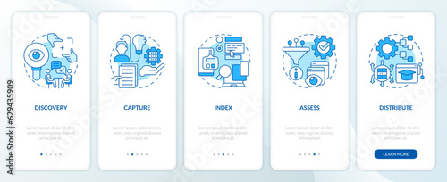 2D linear icons representing knowledge management mobile app screen set. 5 steps graphic instructions, UI, UX, GUI template.