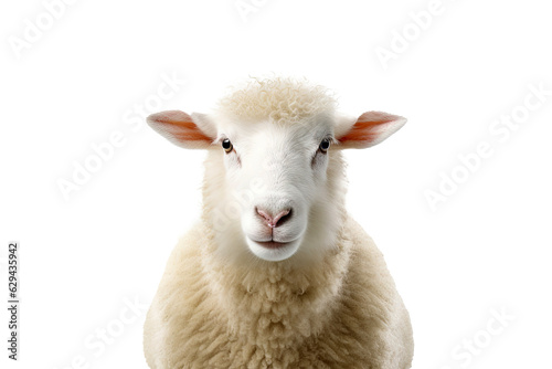 White fluffy sheep farm portrait looking at camera isolated on clear png background, funny moment, Farmland animals concept, with Generative Ai.