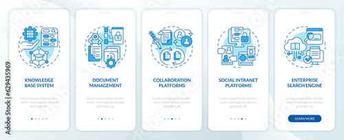 2D blue thin line icons representing knowledge management mobile app screen set. 5 steps graphic instructions, UI, UX, GUI template.