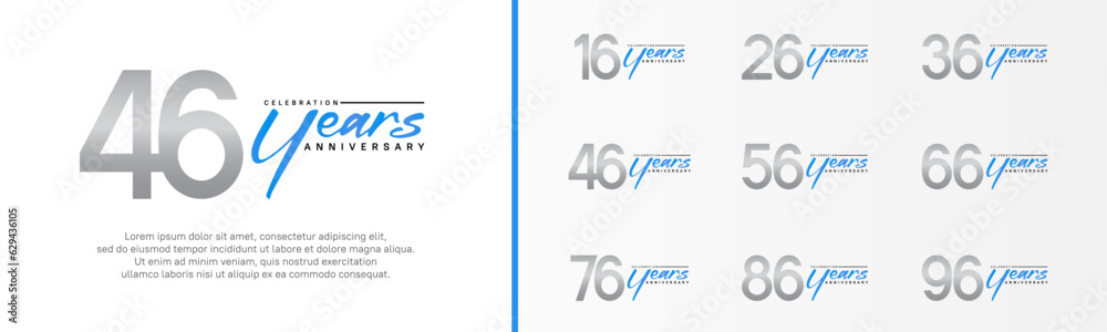 set of anniversary logo silver color number and blue text on white background for celebration set of anniversary logo silver color number and blue text on white background for celebration