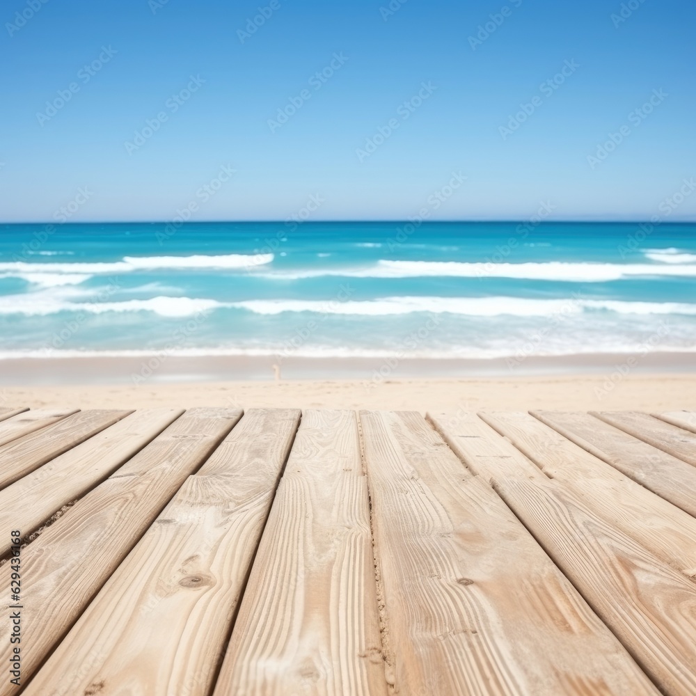 An exuberant image of a wooden table top and beach blur. (Generative AI)