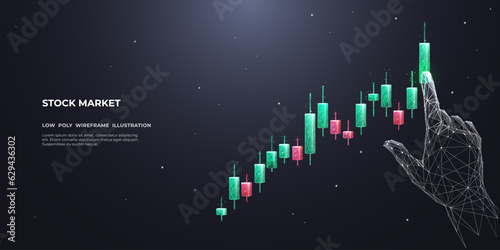 Abstract man touches colorful candlesticks with his index finger. The concept of risk management. A digital hand is touching and lifting up the graph chart. Vector illustration with 3D effect