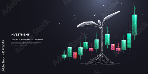 Economy Growth or Investment Concept on Dark Background. Candlesticks and sprouting plants. Abstract Digital Low Poly Wireframe Vector illustration with 3D effect. Futuristic Polygonal Style.