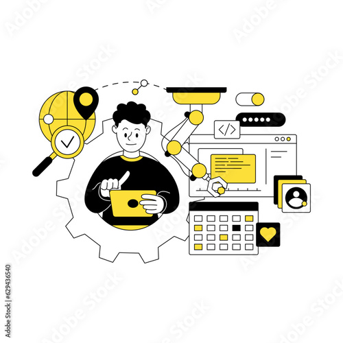 Scenes with men and women taking part in business activities. Business Concept illustrations. Artificial intelligence, AI, development, management, virtual assistant, Automation. Vector illustration