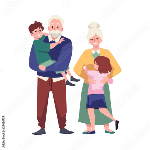 Grandparents hugging with their grandchildren, flat vector illustration isolated on white background.