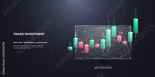 Forex market, news, and analysis. Application screen for trading. Digital stock market concept. Low poly candlesticks on an abstract computer monitor. Vector illustration in low poly style.