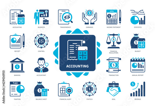 Accounting icon set. Income Statement, Statistics, Transaction, Balance Sheet, Budget, Revenue, Taxation, Fintech. Duotone color solid icons