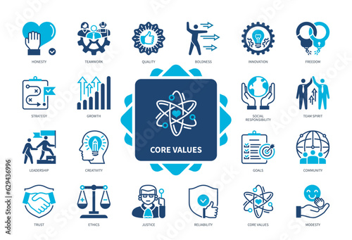 Core values icon set. Society, Teamwork, Ethic, Innovations, Freedom, Modesty, Social Responsibility, Support. Duotone color solid icons