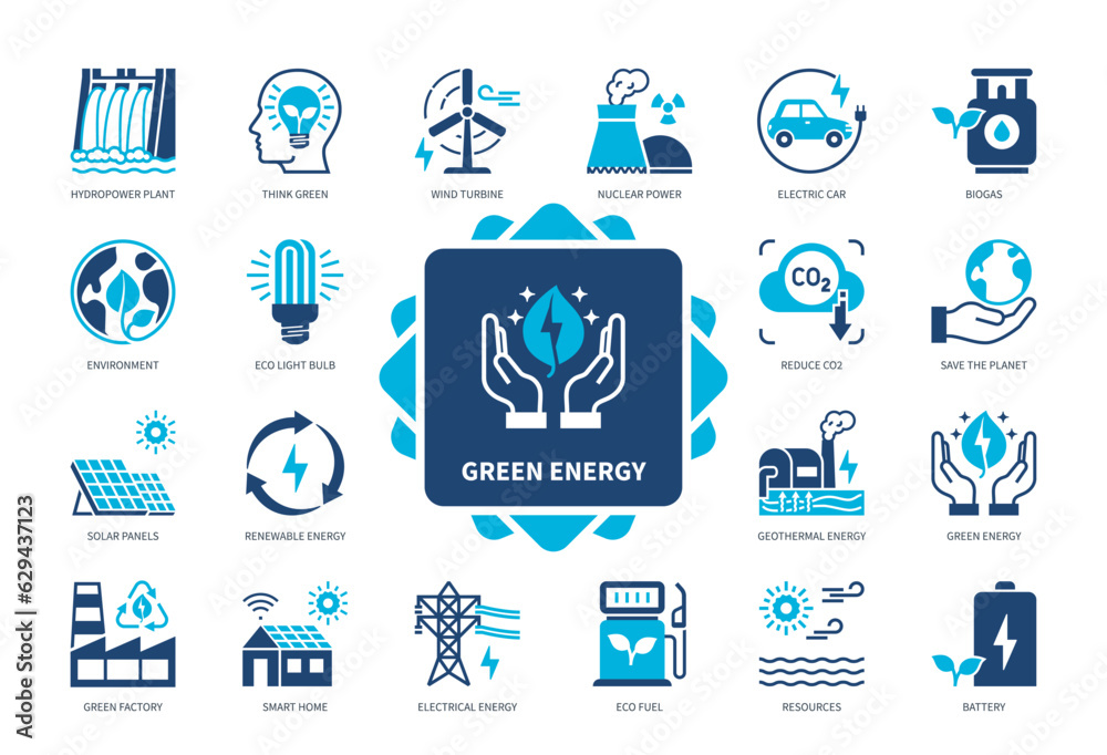 Green Energy icon set. Nuclear Power, Solar Panels, Wind Turbine, Battery, Biogas, Geothermal Energy. Duotone color solid icons Green Energy icon set. Nuclear Power, Solar Panels, Wind Turbine, Battery, Biogas, Geothermal Energy. Duotone color solid icons