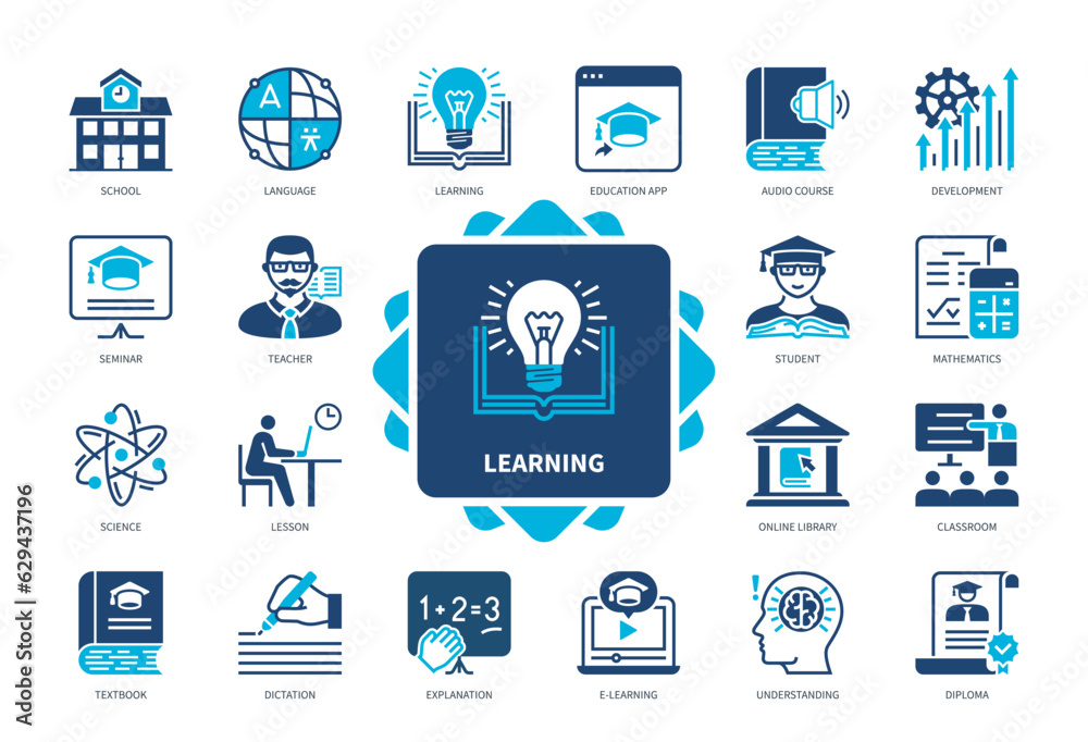 Learning icon set. School, Lesson, Knowledge, Library, Student, Classroom, Teacher. Duotone color solid icons