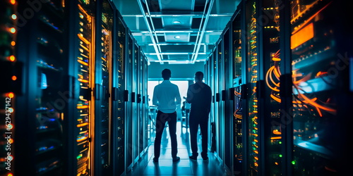 A modern data center with racks of servers, cooling systems, and technicians managing the digital infrastructure that powers our interconnected world. Generative AI