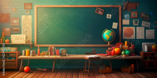 back to school theme, featuring a chalkboard background adorned with educational icons and symbols. Generative Ai