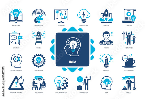 Idea icon set. Brainstorm, Testing, Startup, Knowledge, Imagination, Creative, Result, Implementation. Duotone color solid icons