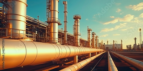 Photo Large oil pipeline and gas pipeline in the process of oil refining and the movem