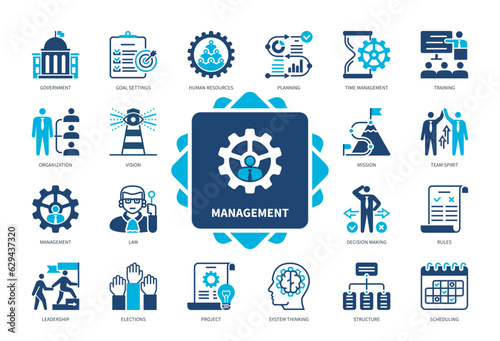 Management icon set. Goal Settings, Mission, Time Management, Leadership, Project, Training, Government, Organization. Duotone color solid icons