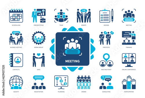 Meeting icon set. Presentation, Debate, Date, Online Conference, Contacts, Training, Scheduling. Duotone color solid icons