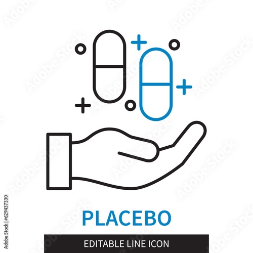 Editable line Placebo outline icon. Hand holding two pills. Editable stroke icon isolated on white background