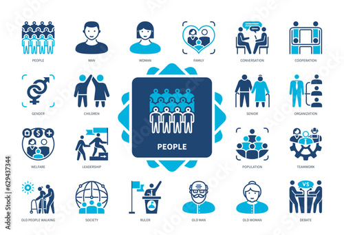 People icon set. Human, Man, Woman, Children, Elderly, Family, Leadership, Society, Conversation. Duotone color solid icons