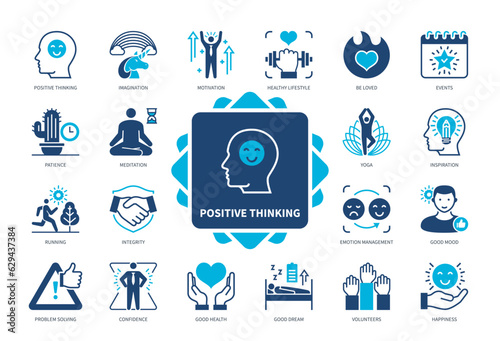 Positive thinking icon set. Emotion Management, Healthy Lifestyle, Confidence, Imagination, Good Dream, Yoga, Meditation. Duotone color solid icons