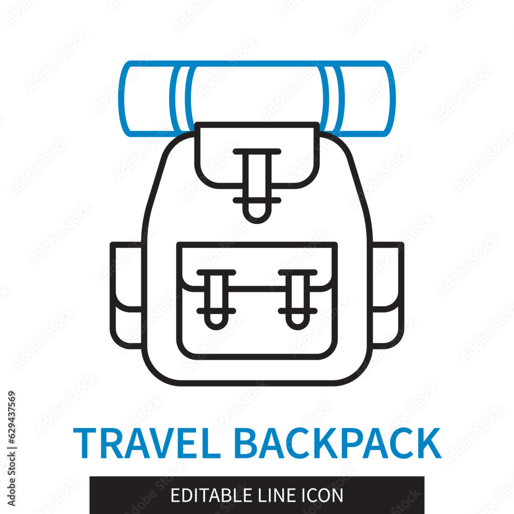 Editable line Travel Backpack outline icon. Tourist equipment. Editable stroke icon isolated on white background Editable line Travel Backpack outline icon. Tourist equipment. Editable stroke icon isolated on white background