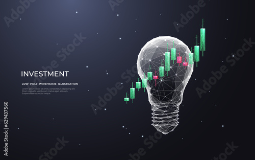 Vector illustration 3D polygonal stock market candle sticks inside a digital light bulb. Economics Innovation concept. Stock market graph chart and lamp. Technological Vector illustration.