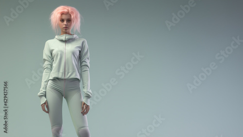 Androgynie Model weiblich mit pinken Haaren und enganliegenden pastell Farbenen Sportoutfit Porträt, ai generativ photo