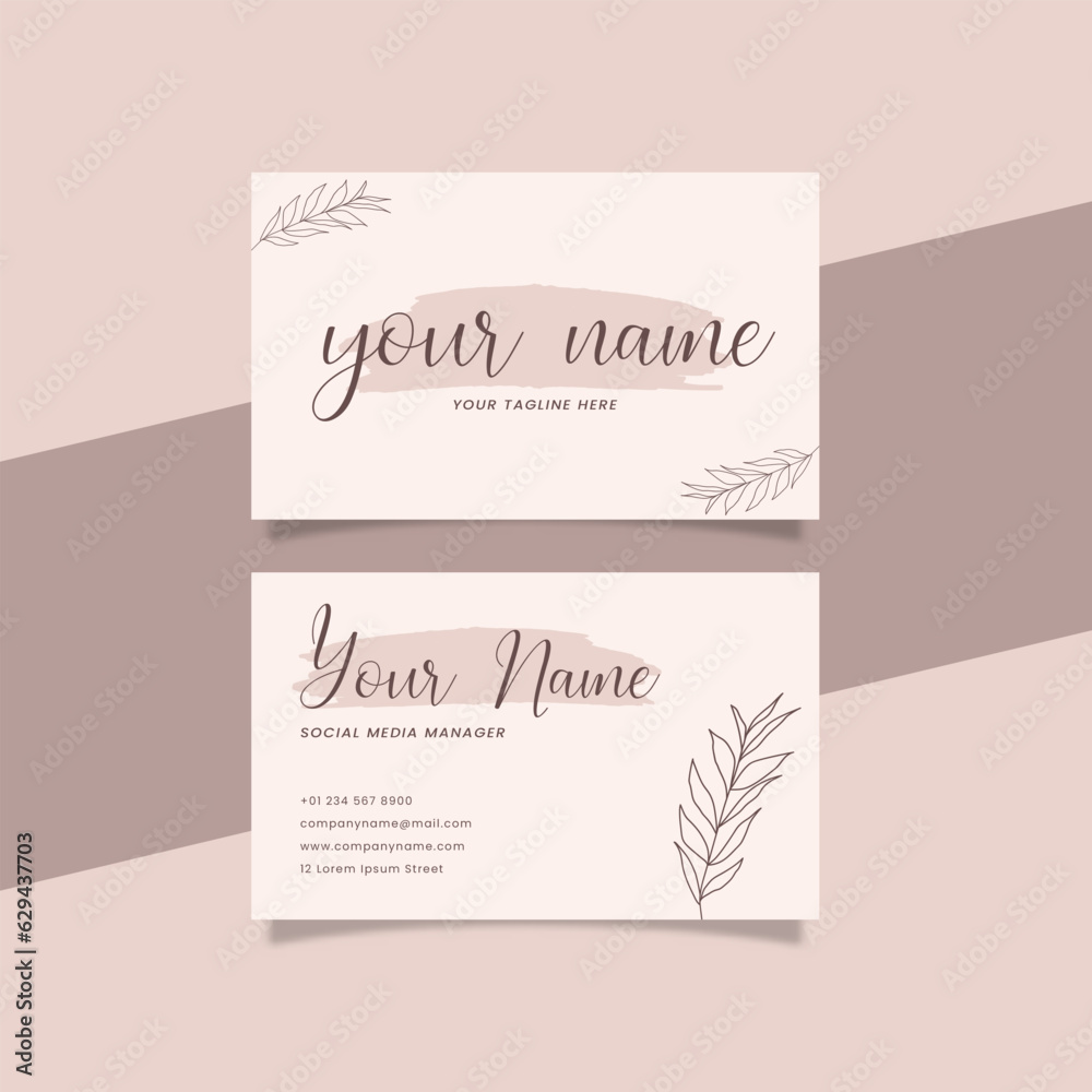 Printable Aesthetic Business Card Template Decorated with Pink Brush and Botanical Frame Background