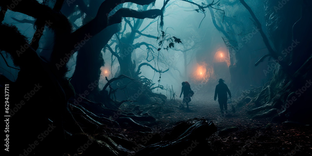 haunted forest with fog rolling through the trees and mysterious figures lurking in the shadows. Generative Ai haunted forest with fog rolling through the trees and mysterious figures lurking in the shadows. Generative Ai