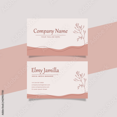 Printable Aesthetic Business Card Template Decorated with Minimalist Organic and Floral Object Pink Pastel Color Background