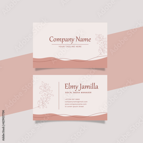 Printable Aesthetic Business Card Template Decorated with Minimalist Organic and Floral Object Pink Pastel Color Background