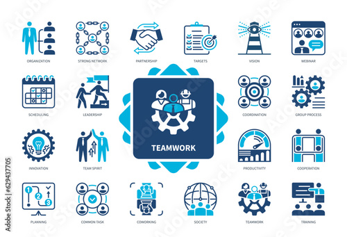 Teamwork icon set. Society, Productivity, Training, Planning, Strong Network, Coworking, Cooperation, Leadership. Duotone color solid icons