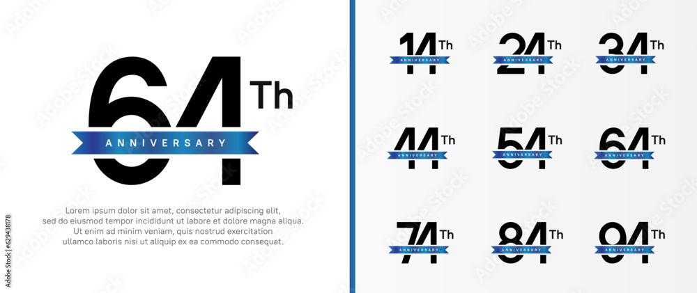 set of anniversary logo black color number and blue ribbon on white background for celebration