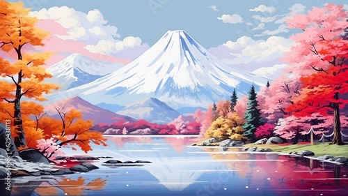 beautiful Mt.Fuji with colorful tree and lake in autumn in Japan in watercolor. illustration, generative ai.