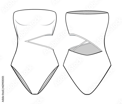 V-Cut side Bodysuit fashion flat technical drawing template. swimsuit technical fashion Illustration, front, and back view, white, CAD mockup.