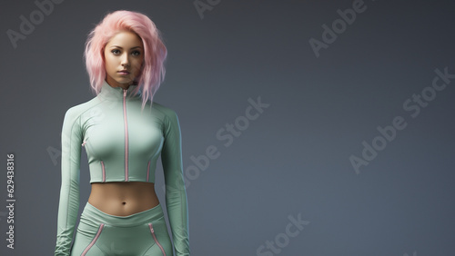 Androgynie Model weiblich mit pinken Haaren und enganliegenden pastell Farbenen Sportoutfit Porträt, ai generativ photo