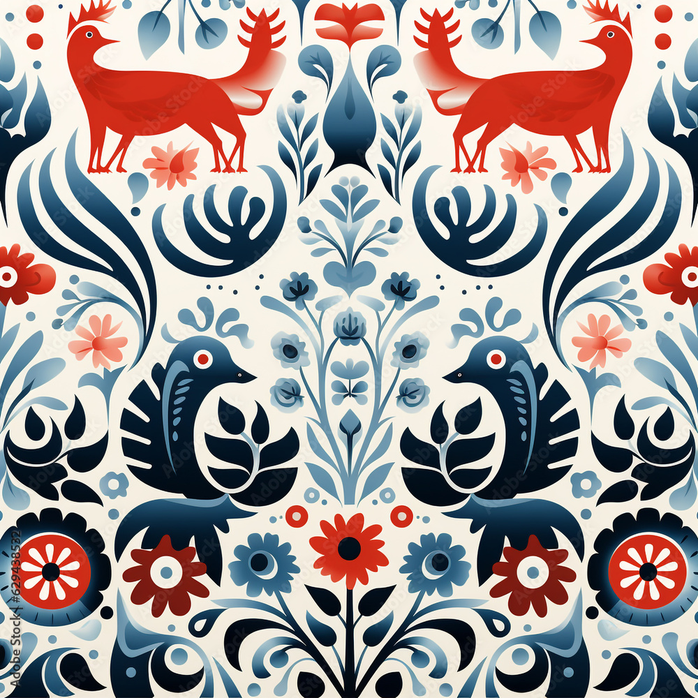 Nordic pattern on white background, abtract of animal and tree, generative ai