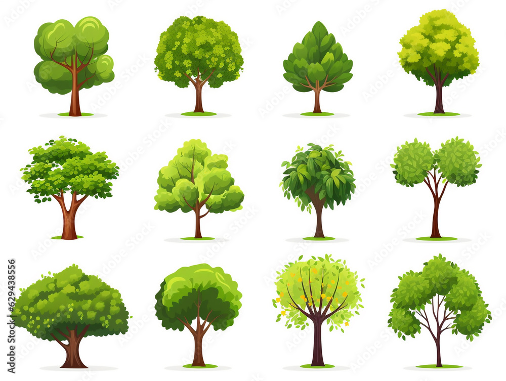 Fototapeta premium collection set of twelve green trees isolated on white background. illustration, generative ai.