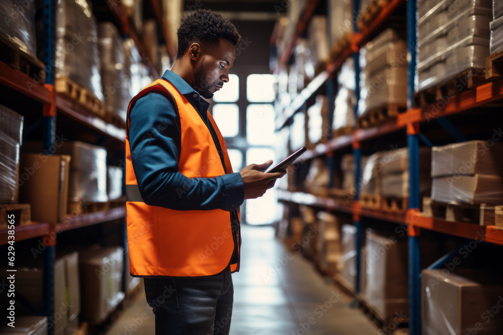 Worker with scanner making review of goods in warehouse. Generative AI. Worker with scanner making review of goods in warehouse. Generative AI.