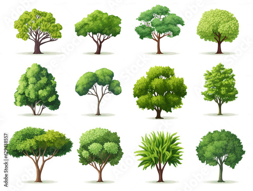 collection set of twelve green trees isolated on white background. illustration, generative ai.
