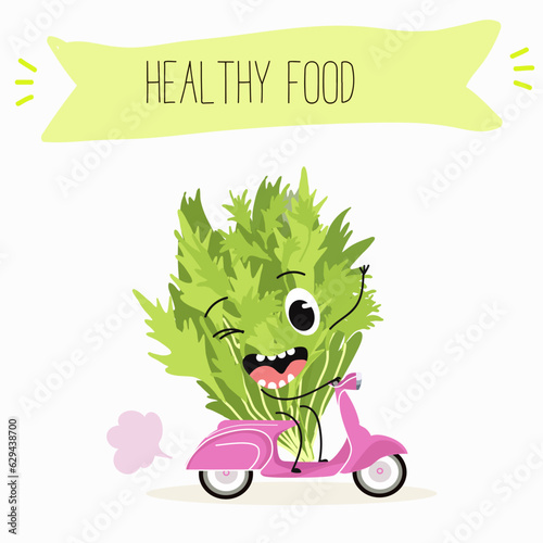 Illustration with funny cartoon characters chard
mitsuna, salad, vegetable. Funny and healthy food. Vitamins, cute face food, ingredients, vegetarian, vector cartoon.
