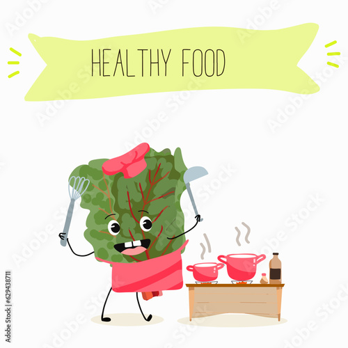 Illustration with funny cartoon characters chard
mitsuna, salad, vegetable. Funny and healthy food. Vitamins, cute face food, ingredients, vegetarian, vector cartoon.
